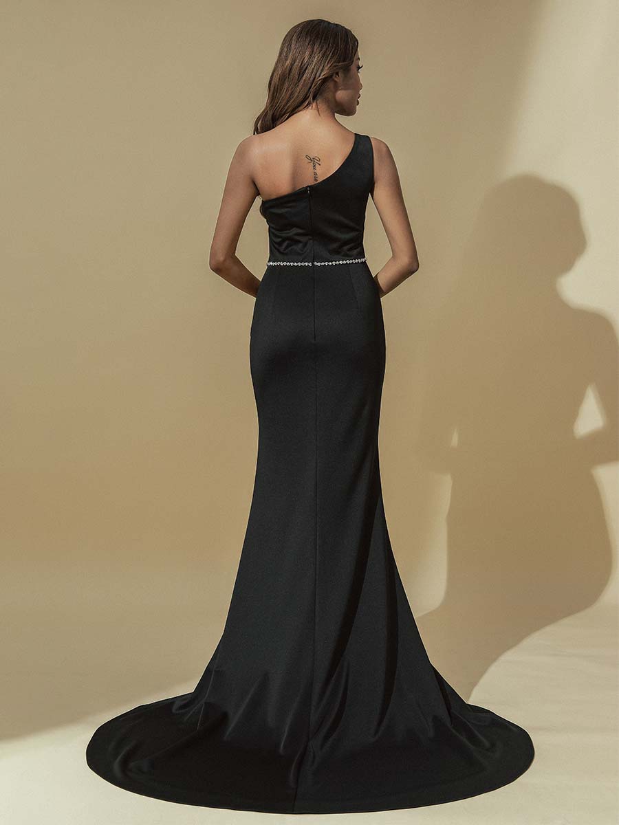 Black One Shoulder Bridesmaid Dresses Rhinestone Belted Sleeveless Belt