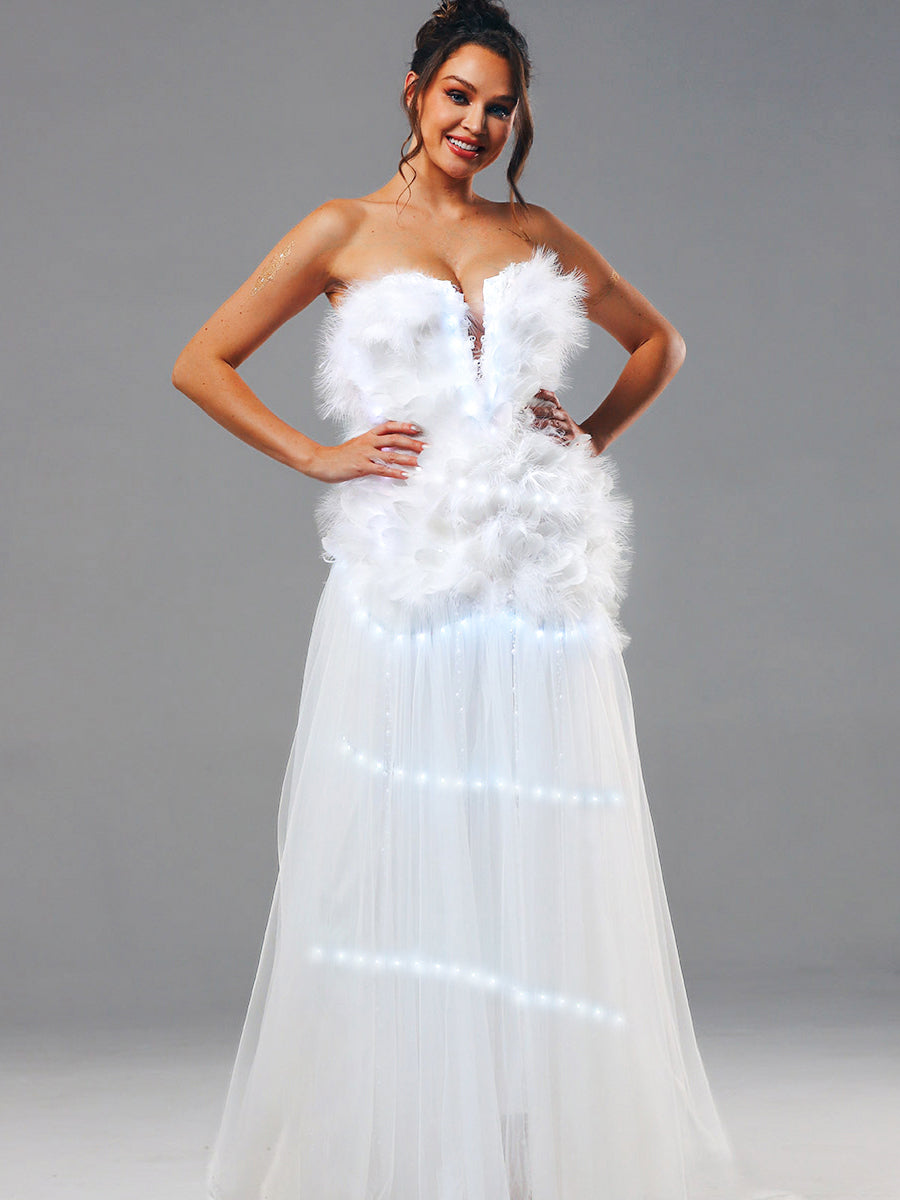 Strapless A Line Wedding Dress Feather With LED Lights Up