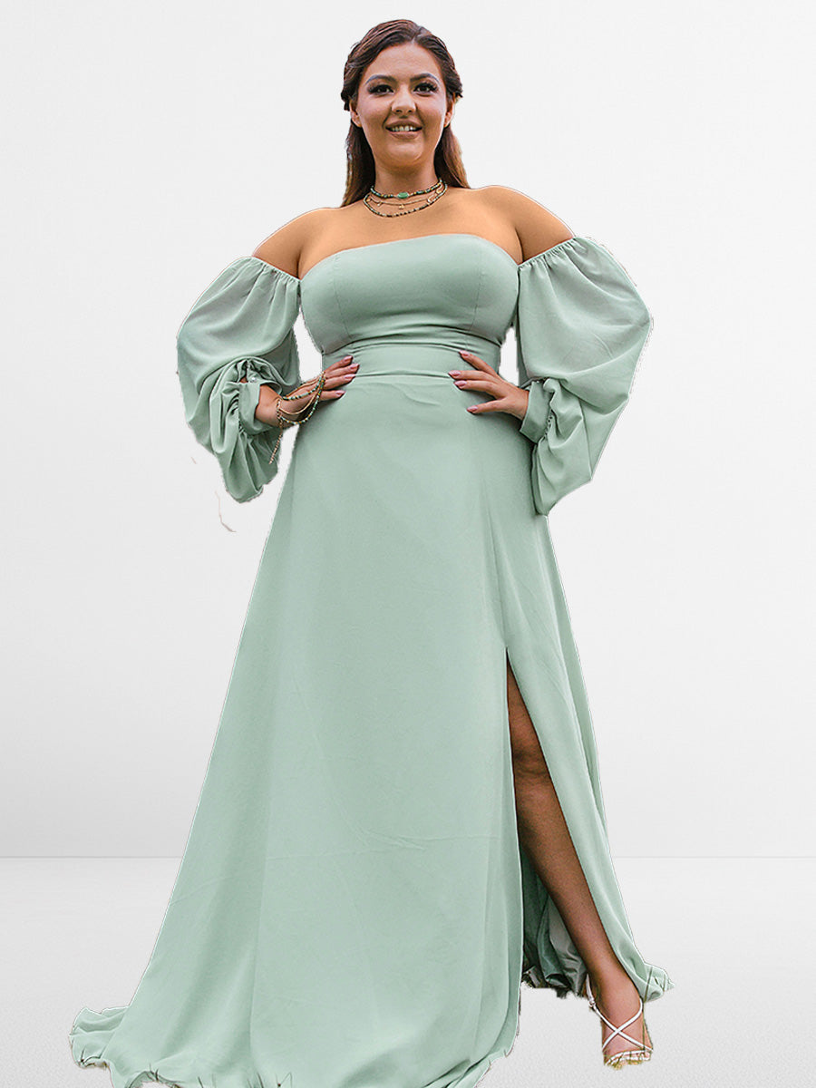 2025 Plus Size Sage Green Bridesmaid Dresses Chiffon Puffed Sleeves