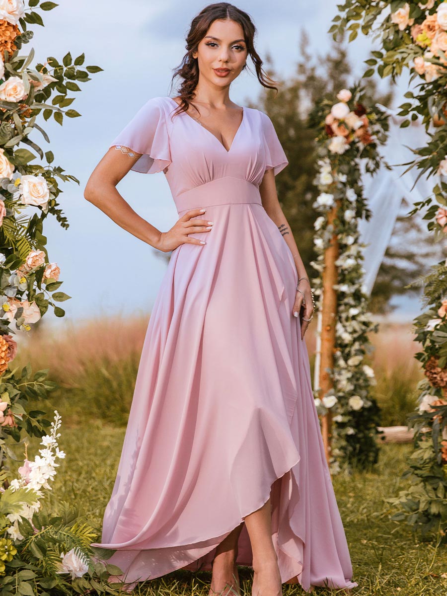 Pink Chiffon Bridesmaid Dresses Petite Garden V Neck Pink / 14
