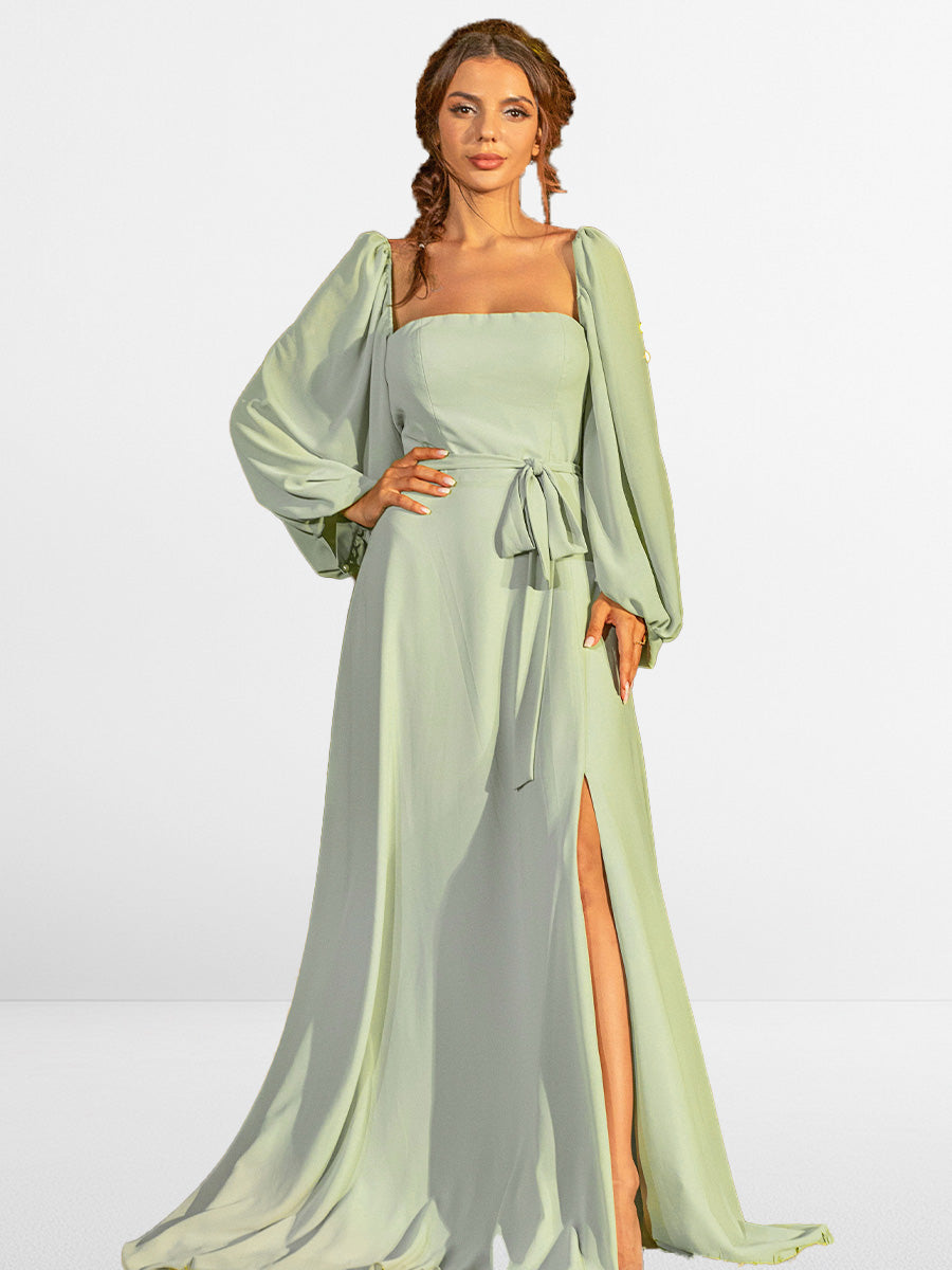 2025 Detachable puff sleeve Bridesmaid Dresses Green Chiffon