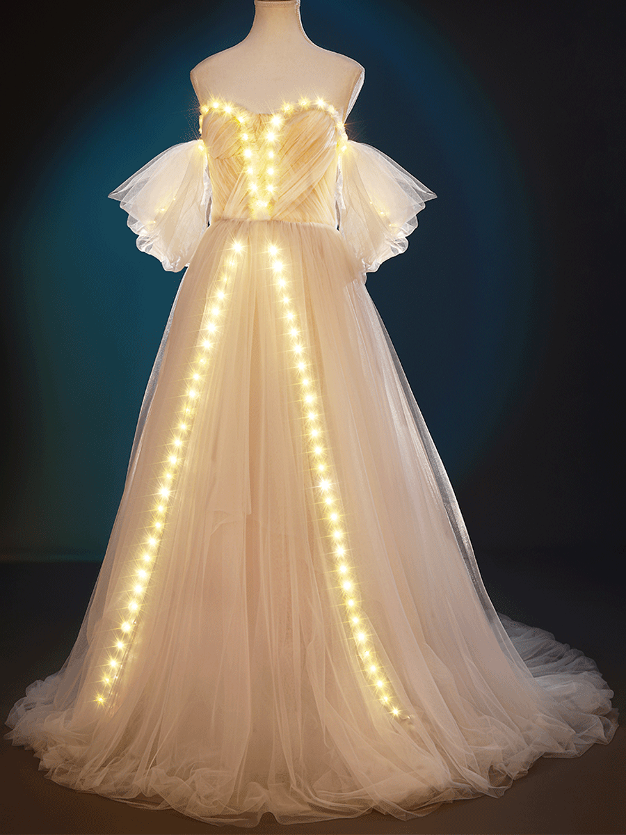 Vestidos de novia de novia bohemios con capilla LED y corte en A con hombros descubiertos