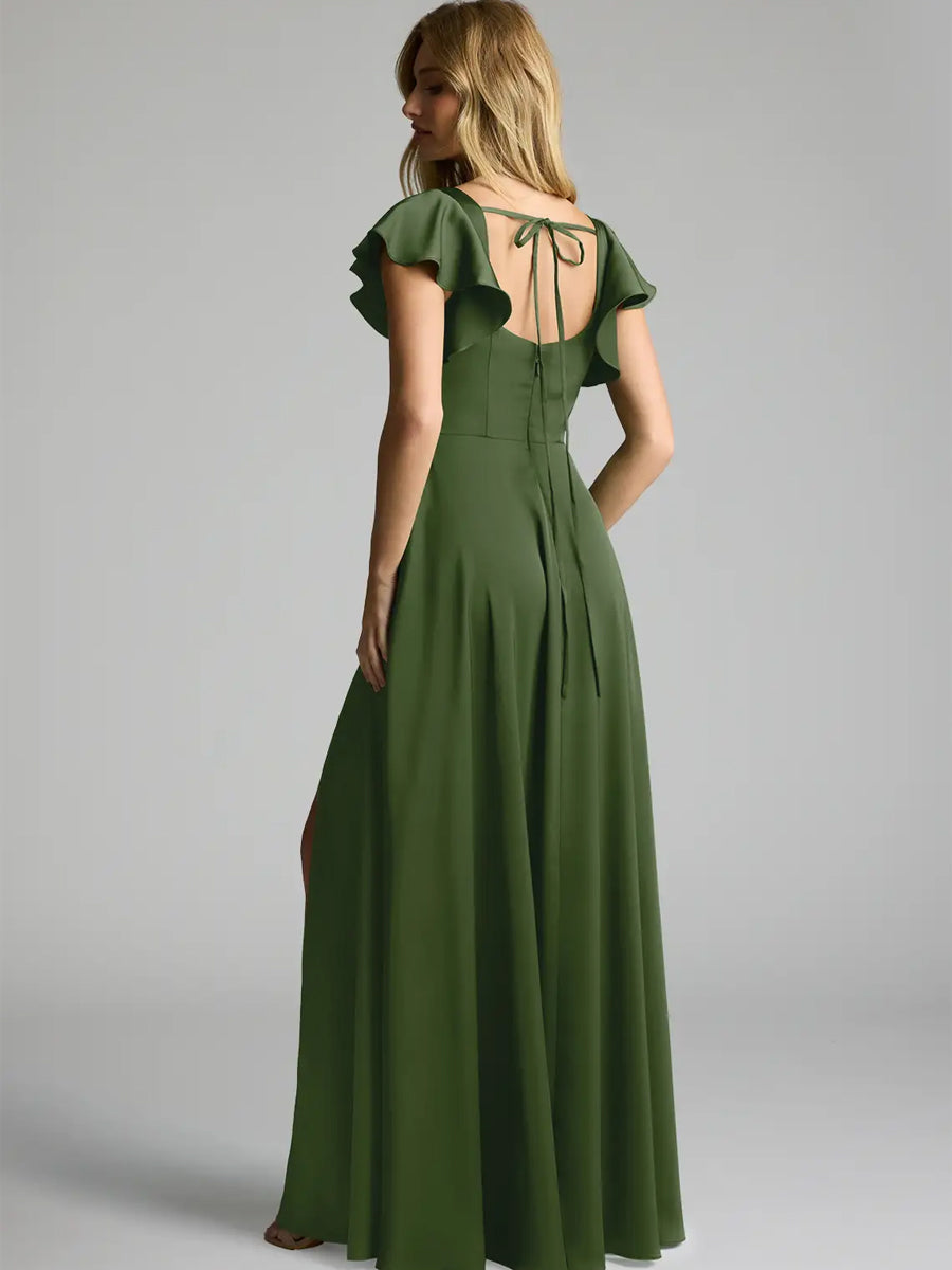 2025 Juniper Green Stretch Satin A-Line Bridesmaid Dress with Leg Slit