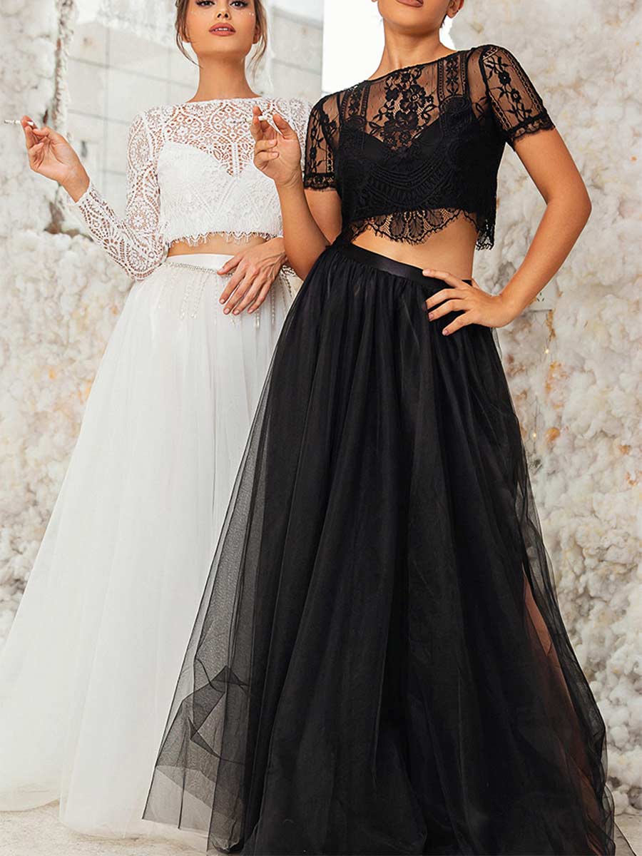 Schwarzes zweiteiliges Hochzeitskleid A-Linie Kurzarm