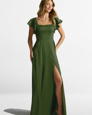 Juniper Green Stretch Satin A-Line Bridesmaid Dress with Leg Slit