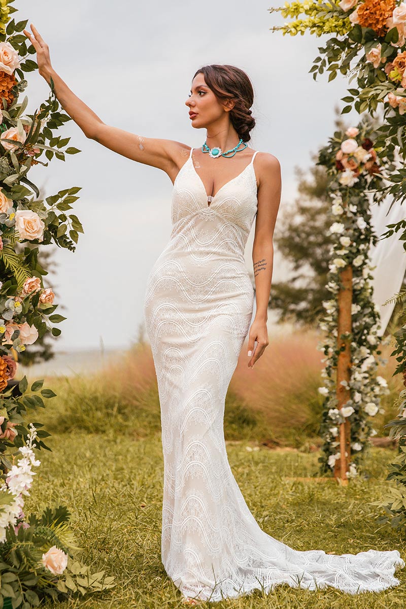Fall v neck Lace wedding dress- SWRZ1044
