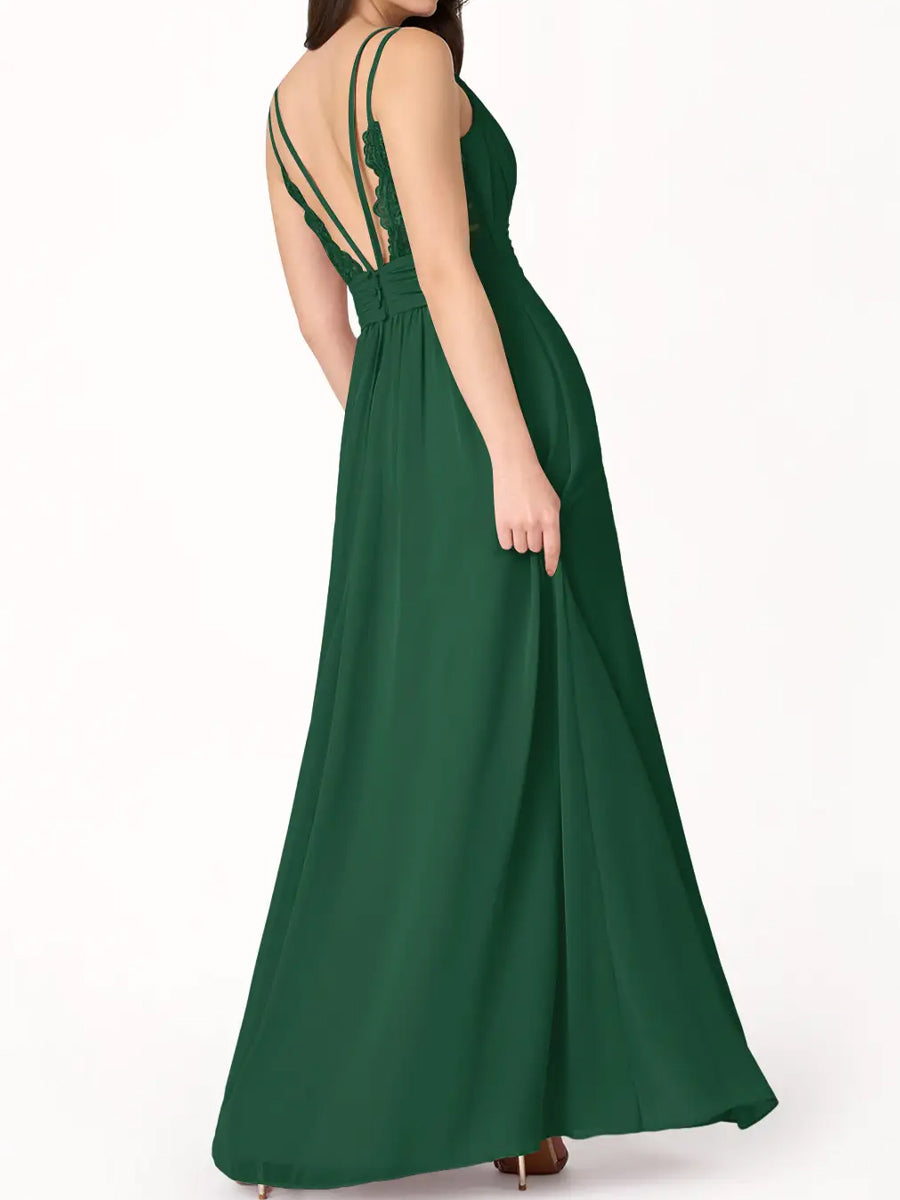 2025 Dark Green V Neck Chiffon Maxi Dress with Slit for Bridesmaids