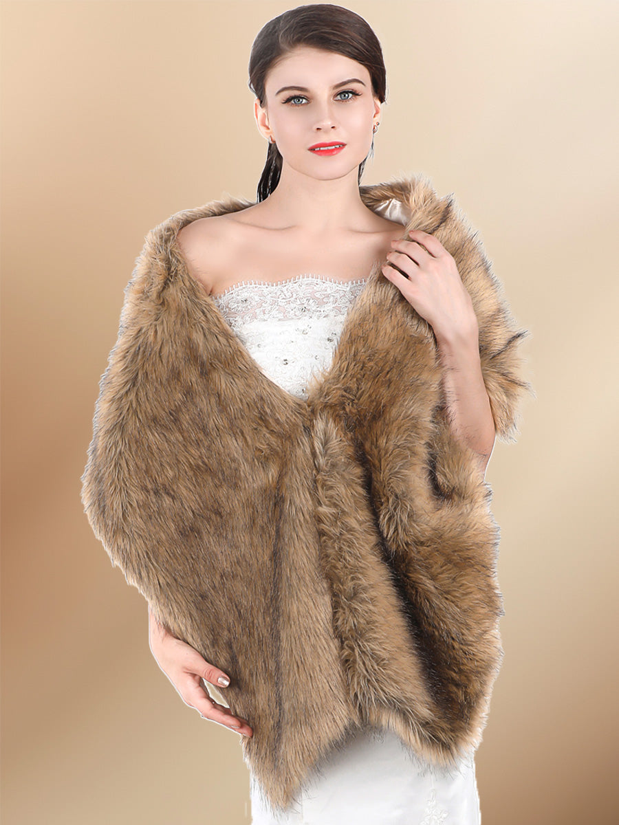 Women's Brown 57.1″ long to 65″ Pile Faux Fur Wedding Shawl