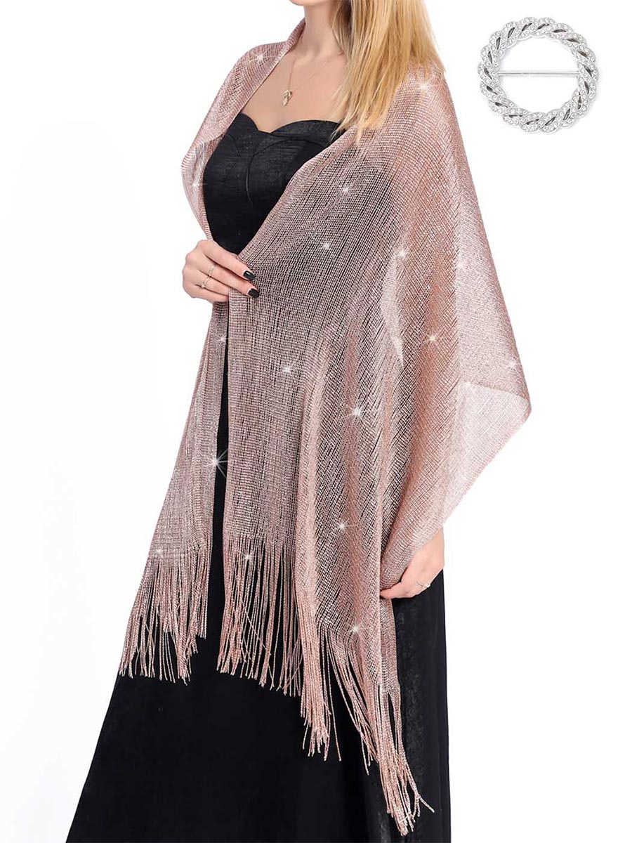 2025 Women's Rose Gold Fringe Shawls Sparkling Metallic Scarf