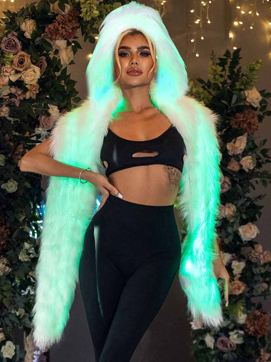 Light Up Faux Fur Shawl- Hooded White Sleeveless Long LED Outfit for Women