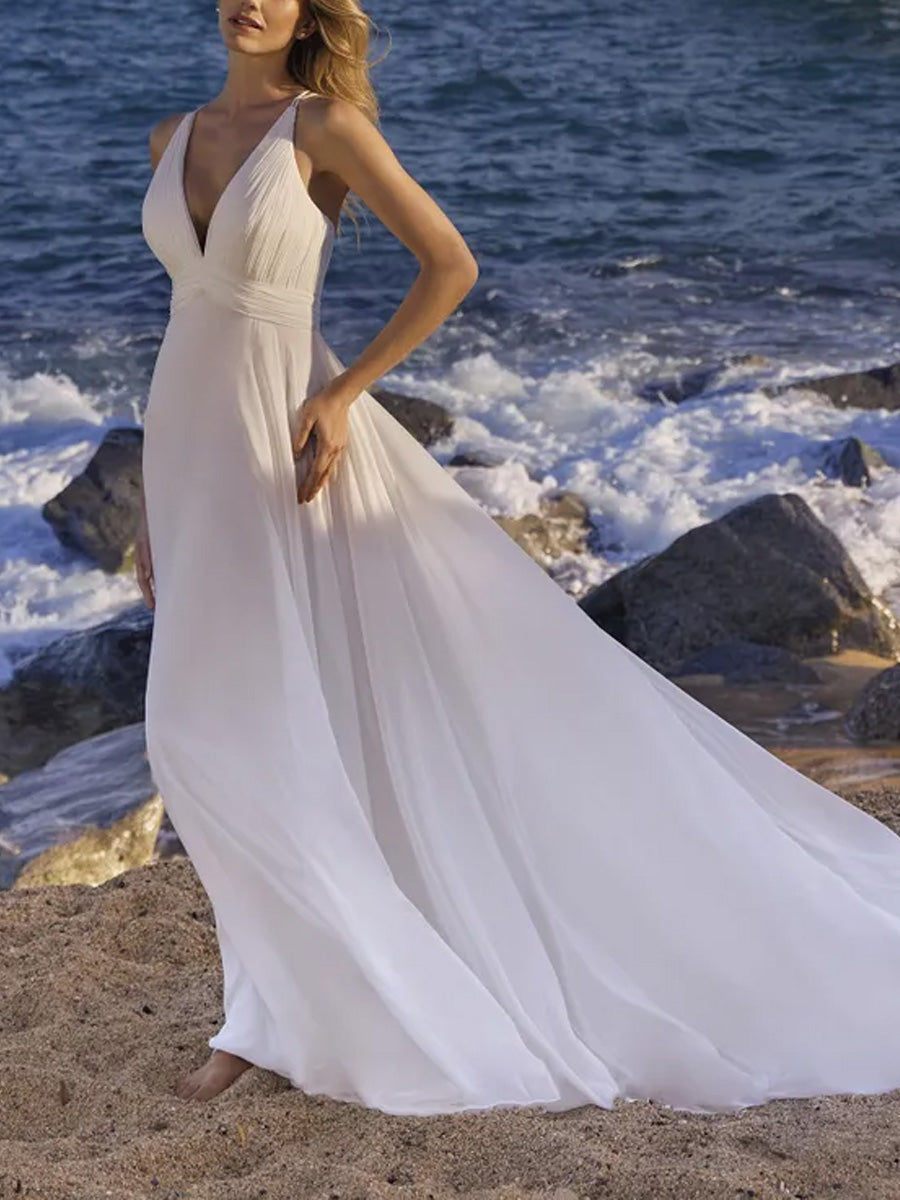 Casual Simple Flowy Beach Wedding Dresses Deep V Sleeveless