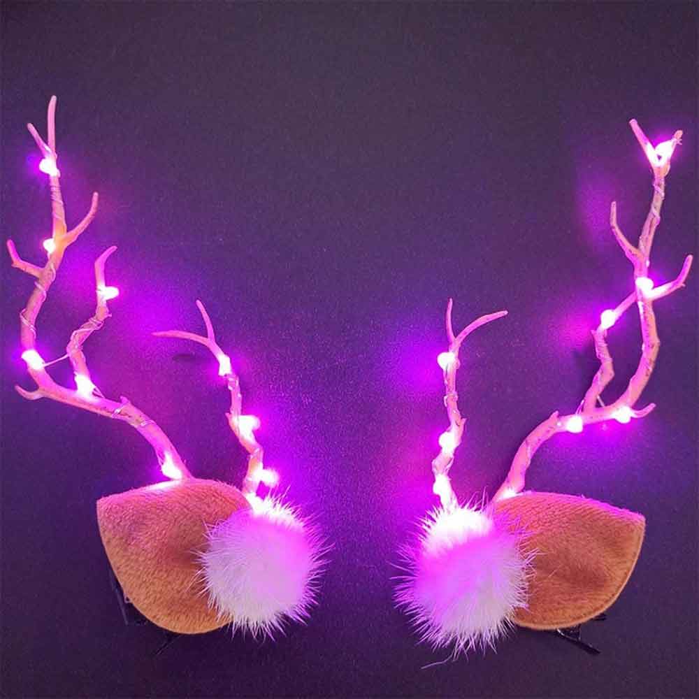 Rosa LED-Geweih-Haarspangen mit Kunstfell-Detail, Weihnachtsaccessoire HP005