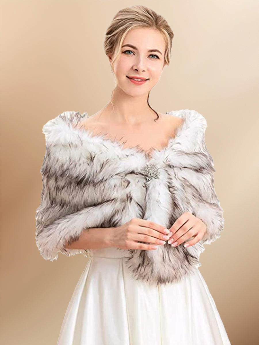 Brown-White Faux Fur Furry Shawl