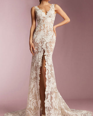 3D Flower Applique Wedding Dress Mermaid V Neck Gowns
