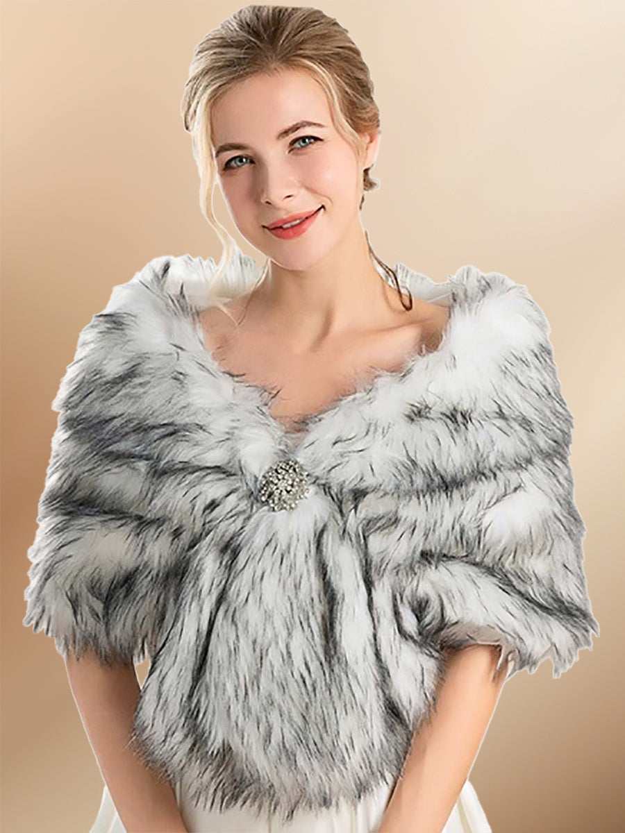 Luxurious Gray-White Ombre Faux Fur Bridal Shawl