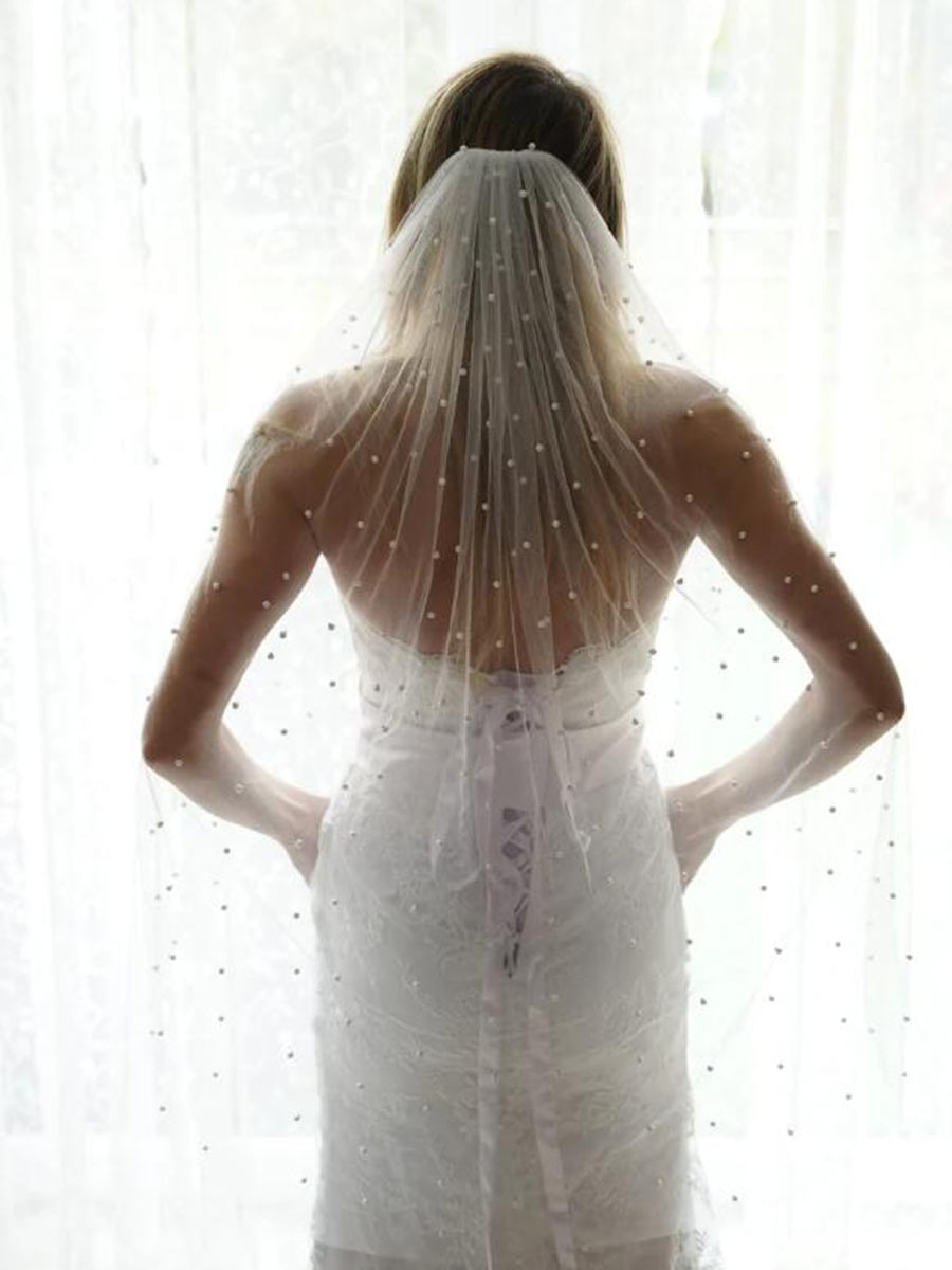 1 Tier Pearl Wedding Veil | Chapel Length Tulle Veil | Bridal Veil Headpieces