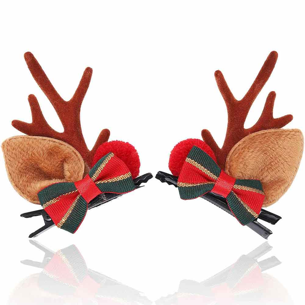 Velvet Reindeer Antler Hair Clips with Festive Bow HP019