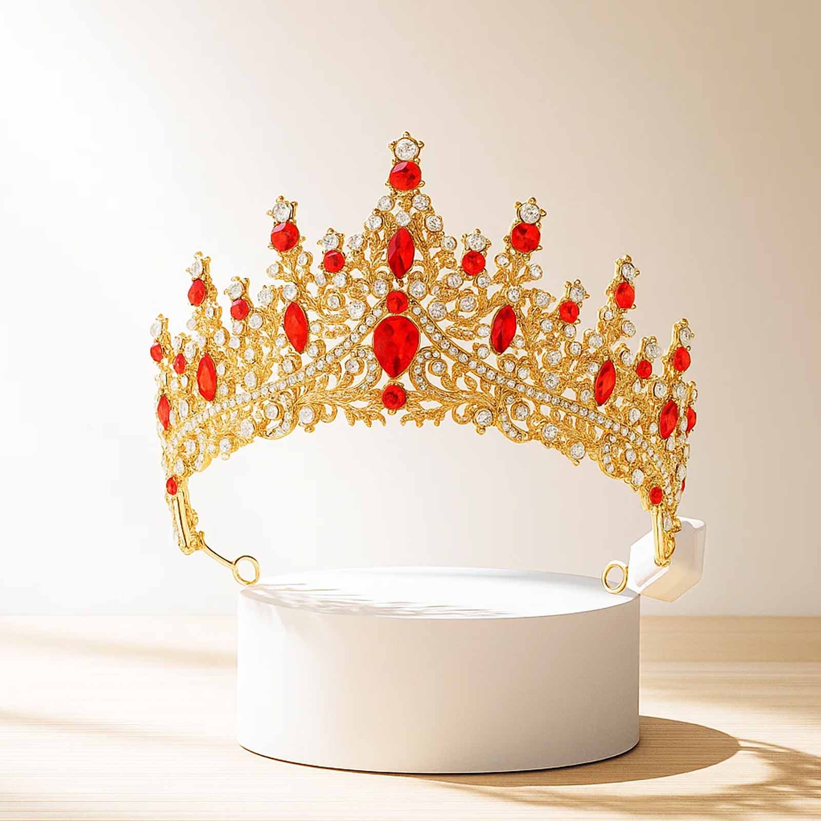 Gold Baroque Tiara with Ruby-red Rhinestones | Light-Up Wedding Crown