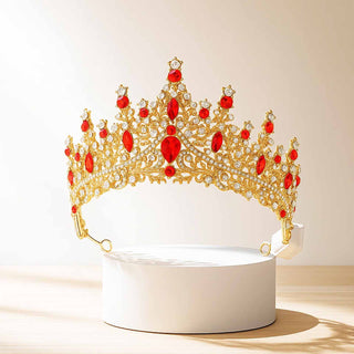 Gold Baroque Tiara with Ruby-red Rhinestones | Light-Up Wedding Crown