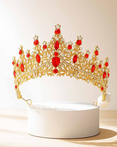 Gold Baroque Tiara with Ruby-red Rhinestones | Light-Up Wedding Crown