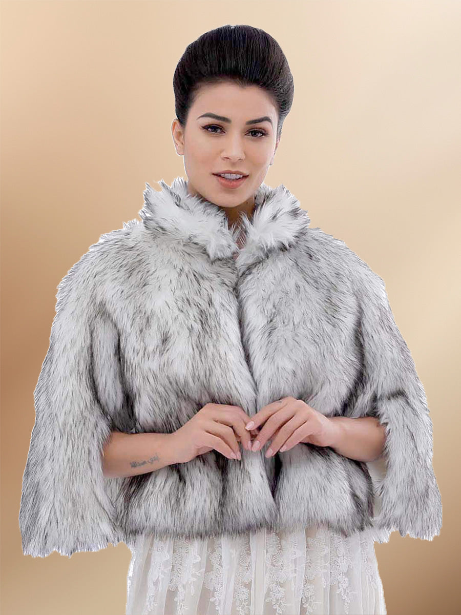 2025 Women's Gradient Silver Faux Fur Cape Split Cover Up with Collar