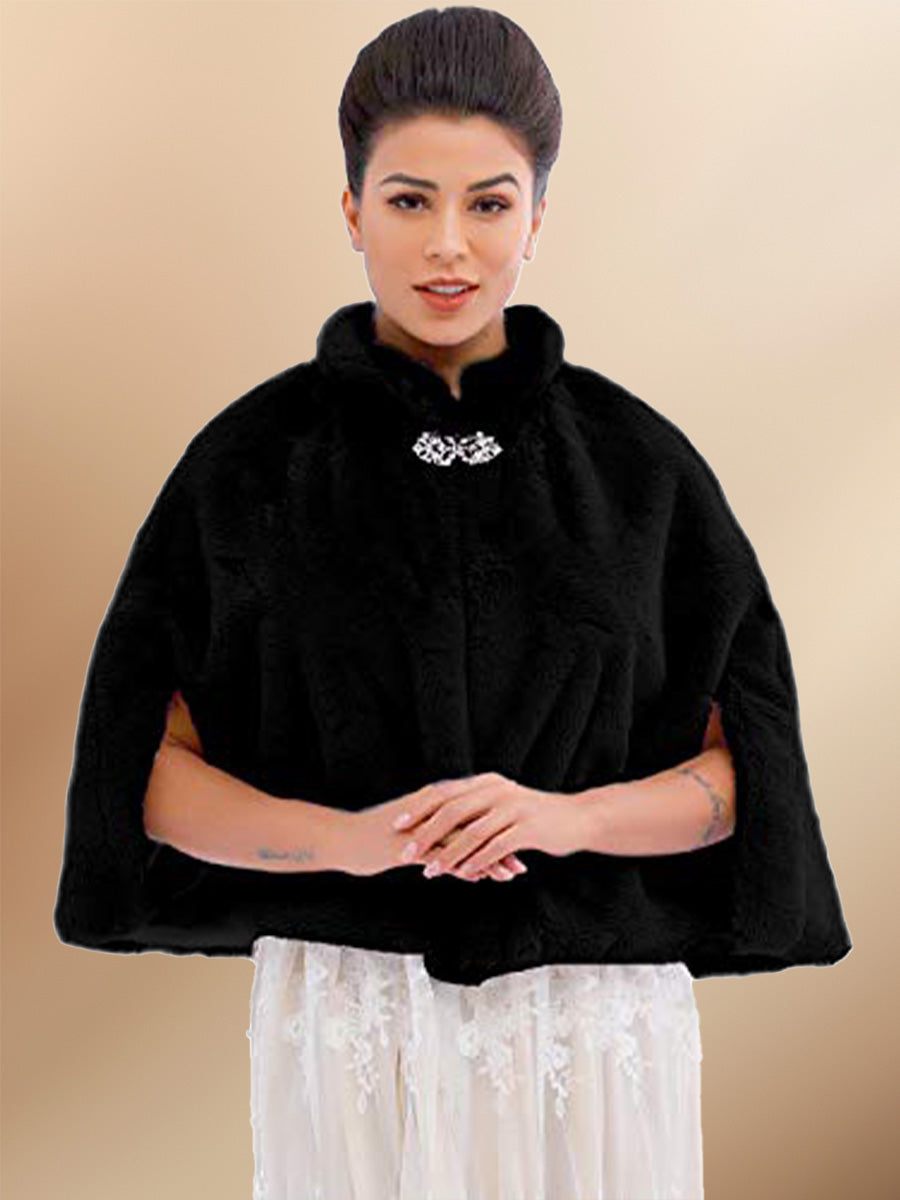 2025 Women's Black Faux Rabbit Fur Cardigan Cloak Poncho