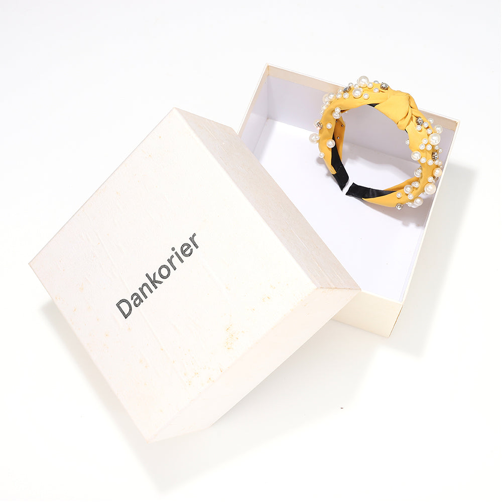Dankorier Mustard Yellow Knotted Fabric Headband with Mixed-Size Pearls & Rhinestone Accents