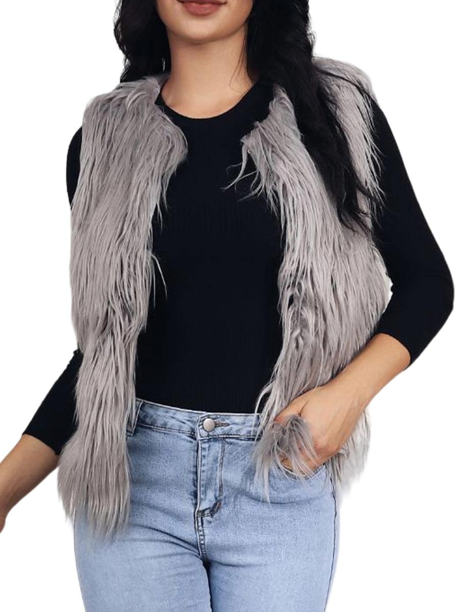 Chaleco de piel sintética gris para mujer, chalecos de piel sin mangas, chaqueta de piel cálida para invierno 