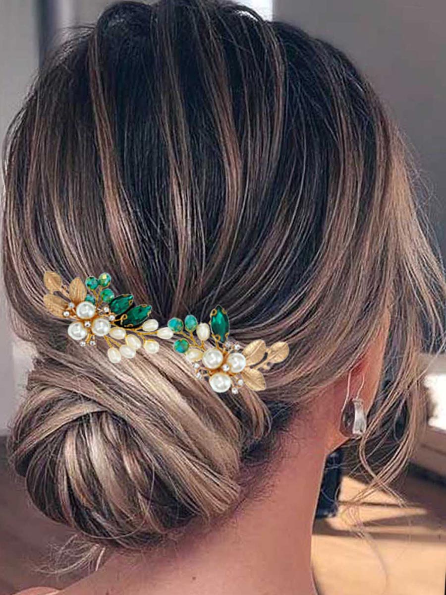Pearl Bride Wedding Hair Pins Gold Leaf Hair Pieces Green Crystal Bridal Hair Accessories