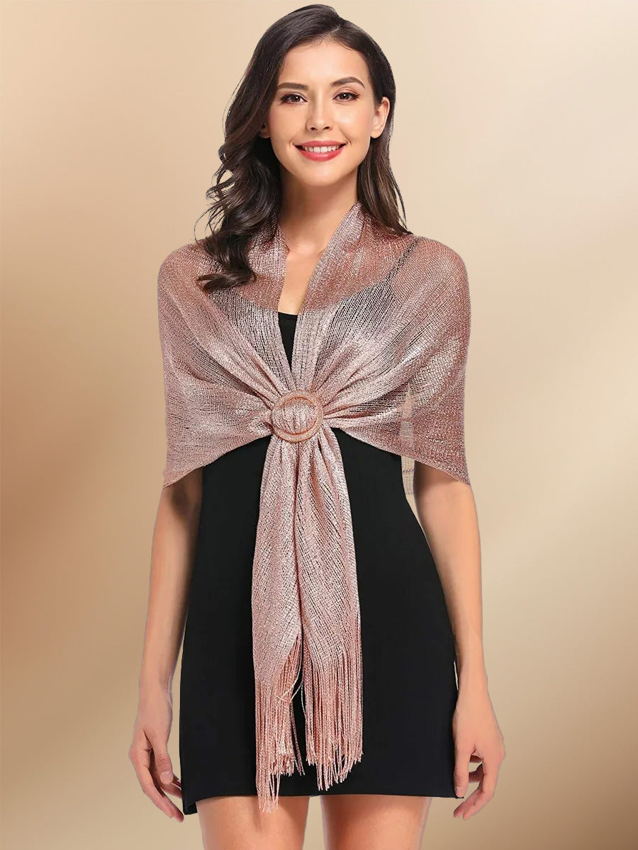 Women's Rose Gold Fringe Shawls Sparkling Metallic Scarf