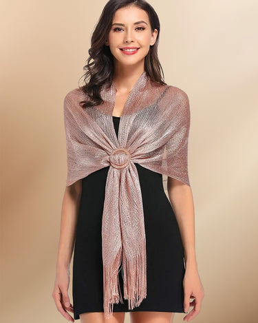 Women's Rose Gold Fringe Shawls Sparkling Metallic Scarf