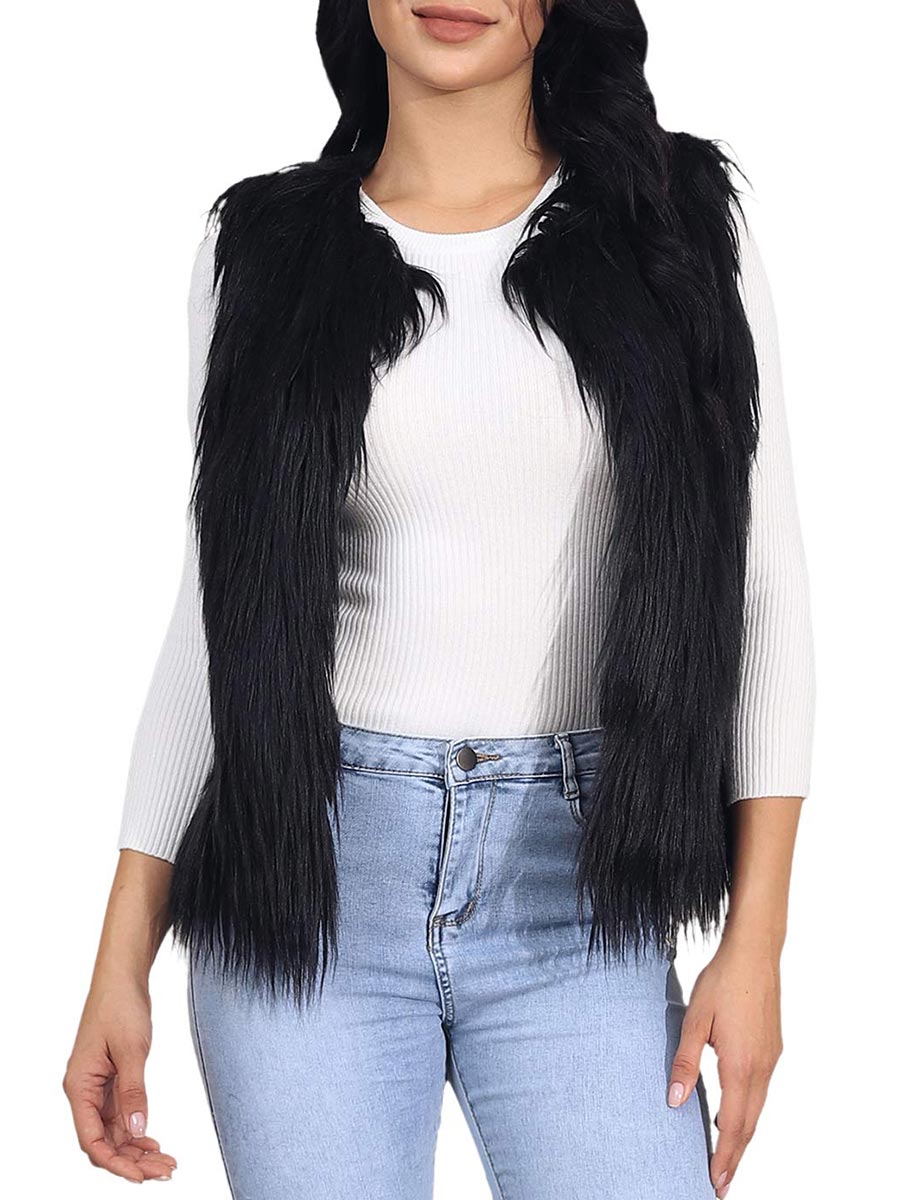 Women's Black Faux Fur Vest Coat Black Sleeveless Fur Vests Winter Warm Fur Coat