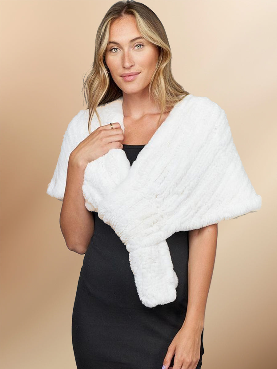 Women's Knit White Faux Rabbit Fur Winter Shawl Shrug