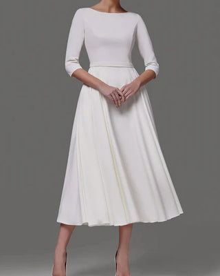 A Line Tea Length Wedding Dresses 3 4 Sleeve Satin