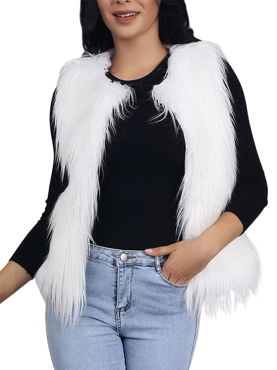 Women's White Faux Fur Vest Coat Sleeveless Fur Vests Winter Warm Fur Jacket