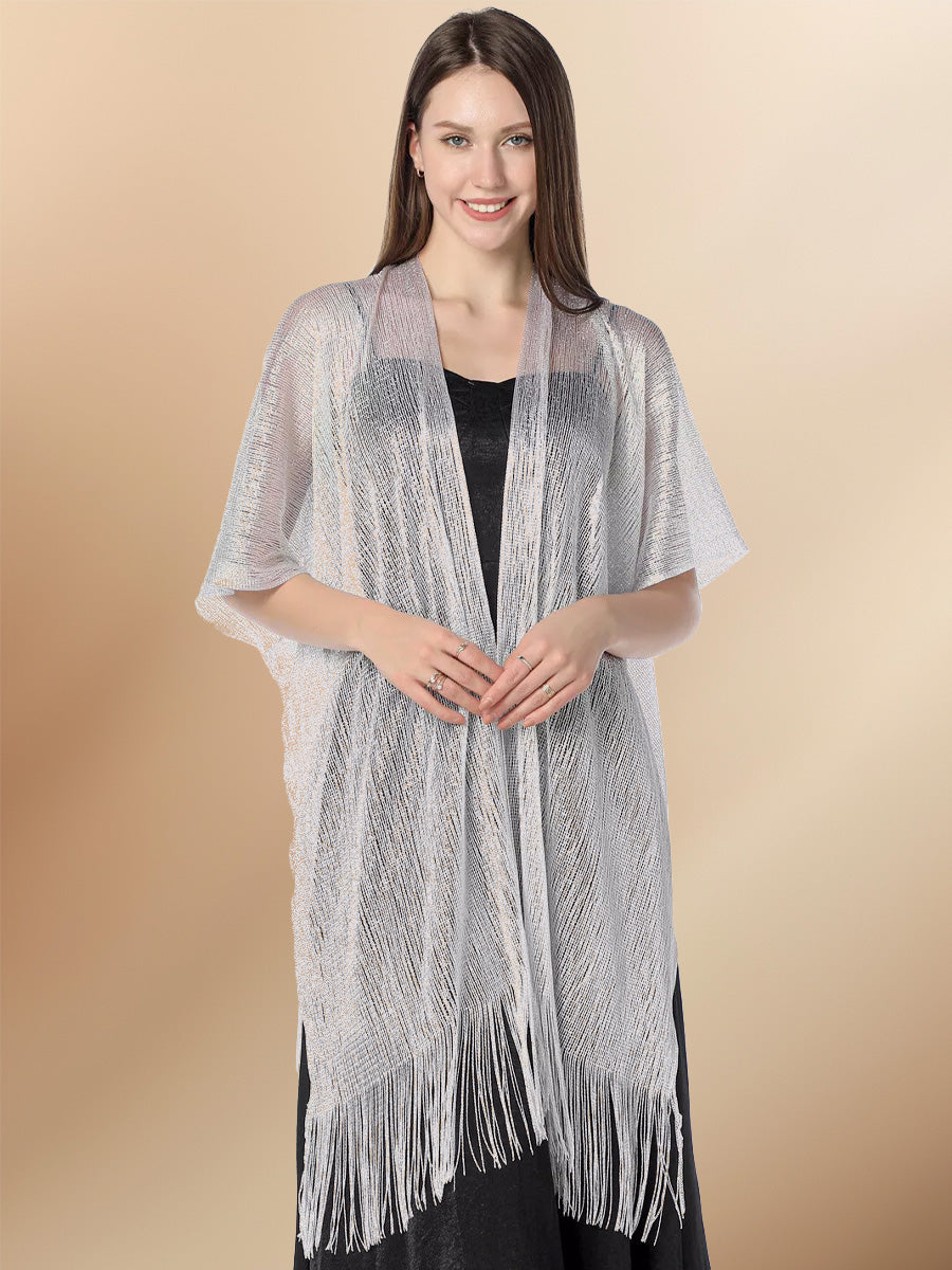 Women Grey Fringe Glitter Metallic Long Shawls and Wraps