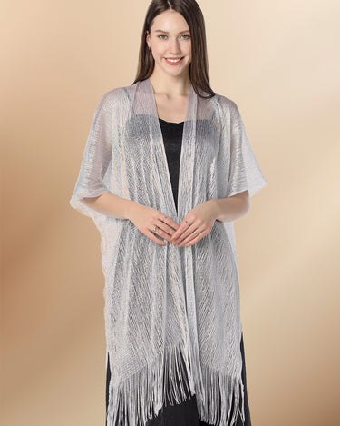 Women Grey Fringe Glitter Metallic Long Shawls and Wraps