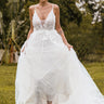 Rustic Petite Deep V-Neck A-line Wedding Dress with Applique and Tulle Skirt