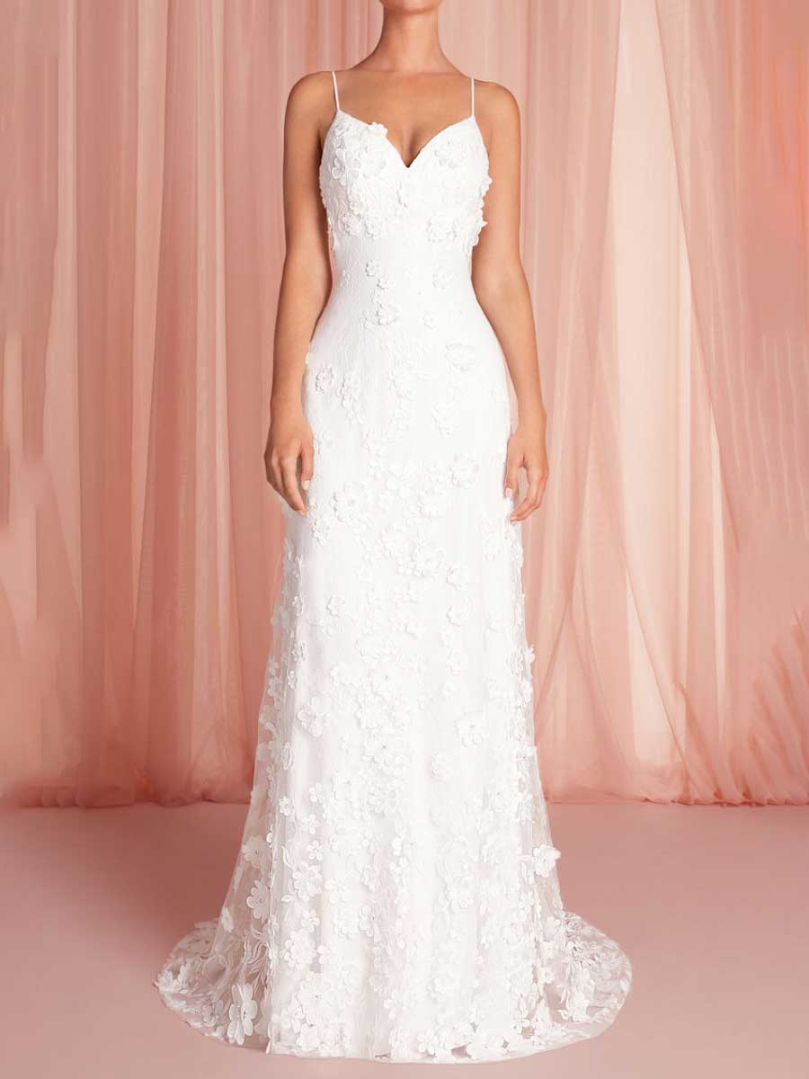 V-Neck A-Line Wedding Dress with Floral Lace Appliqué