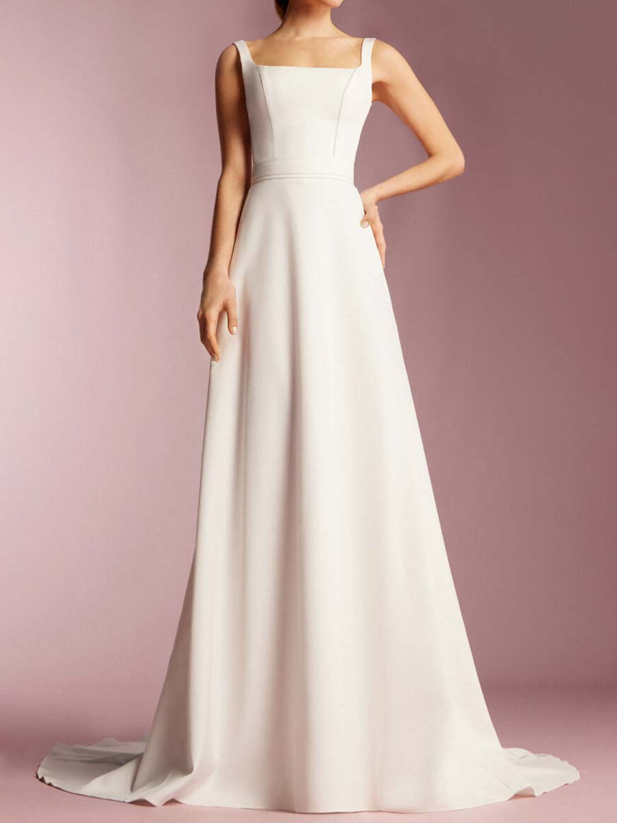Square Neck Satin Wedding Dress Sleeveless A-line 2024 White / US:6-8 Square Neck Satin Wedding Dress Sleeveless A-line 2024 White / US:6-8