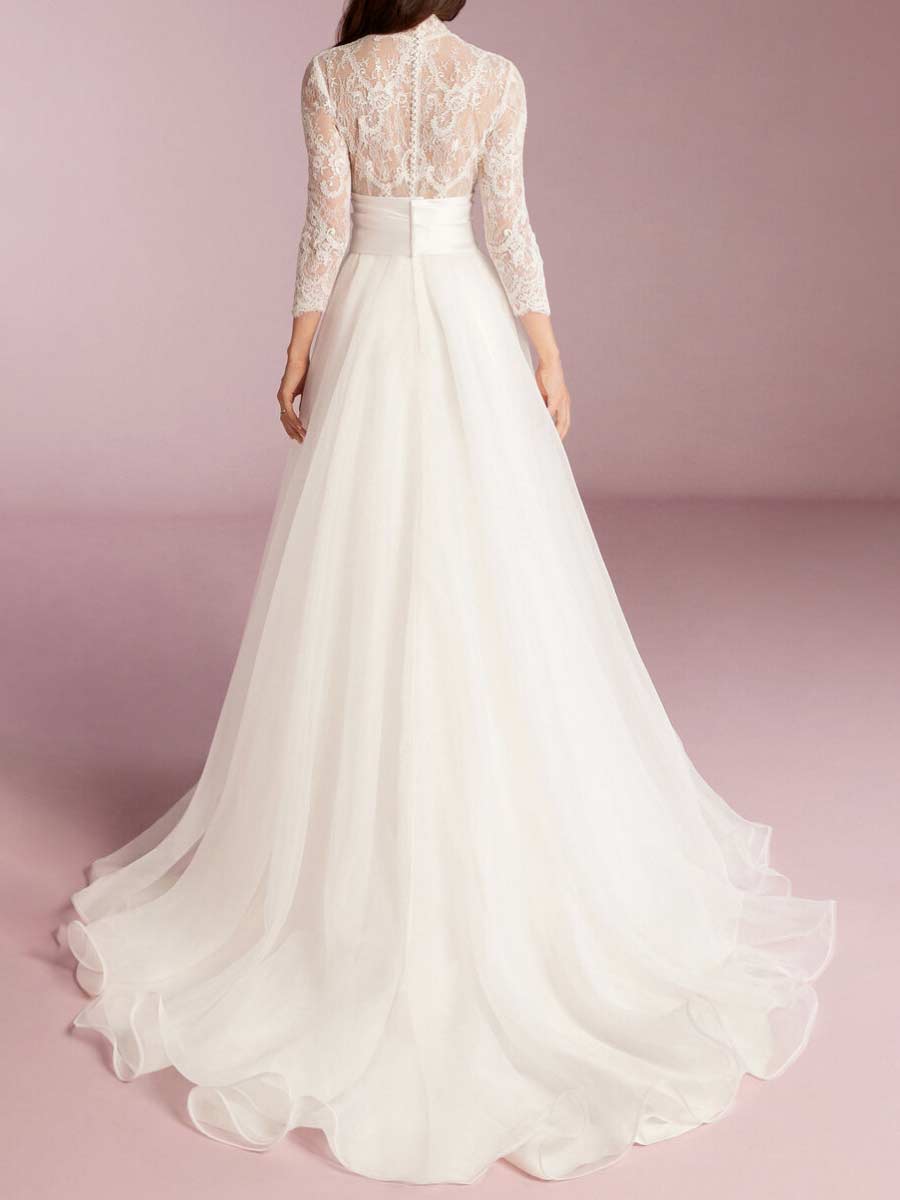 see through lace back Wedding Dress With 3/4 Sleeves
