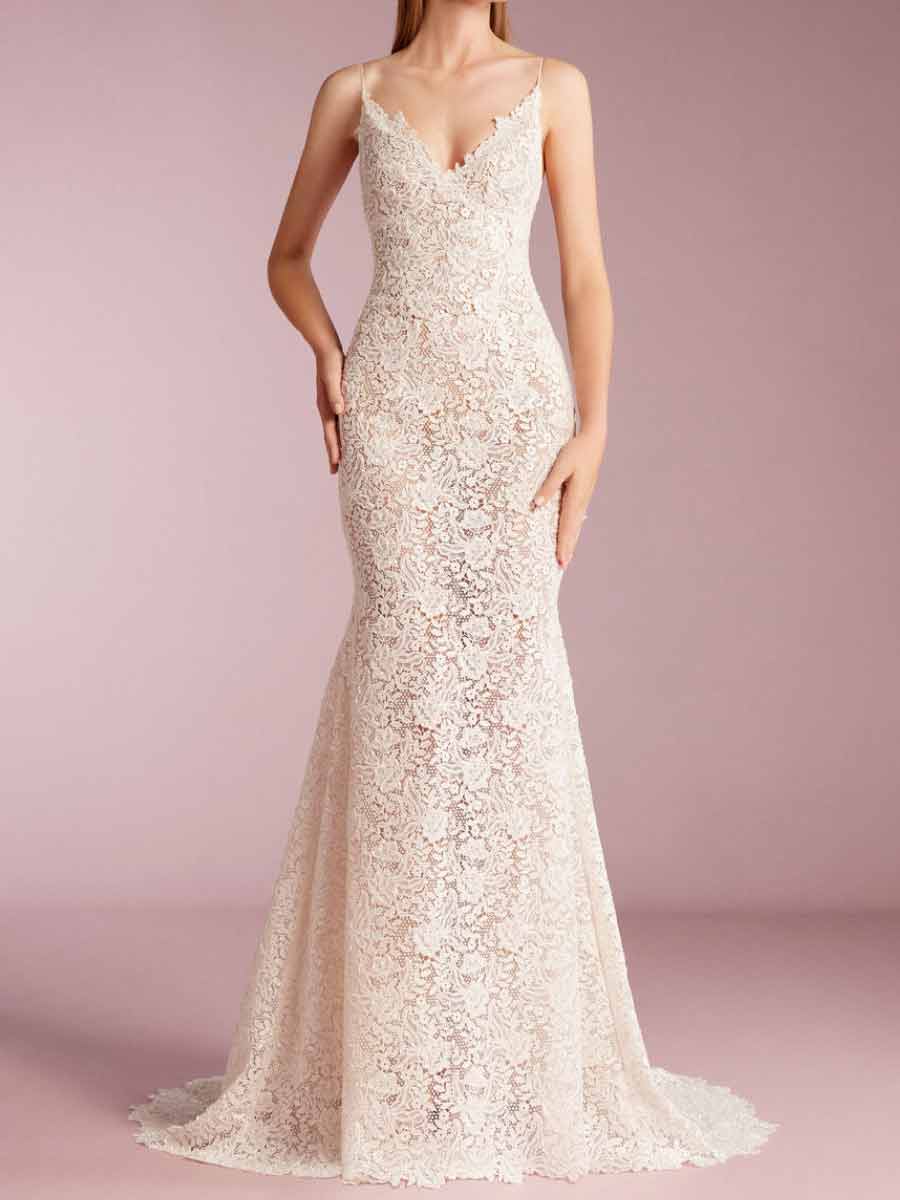 Floral Lace Mermaid V-neck Sleeveless Fitted Low Back Wedding Dresses