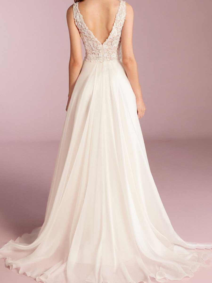 A-line Halter Sleeveless V-Neck Embroidered Wedding Dresses