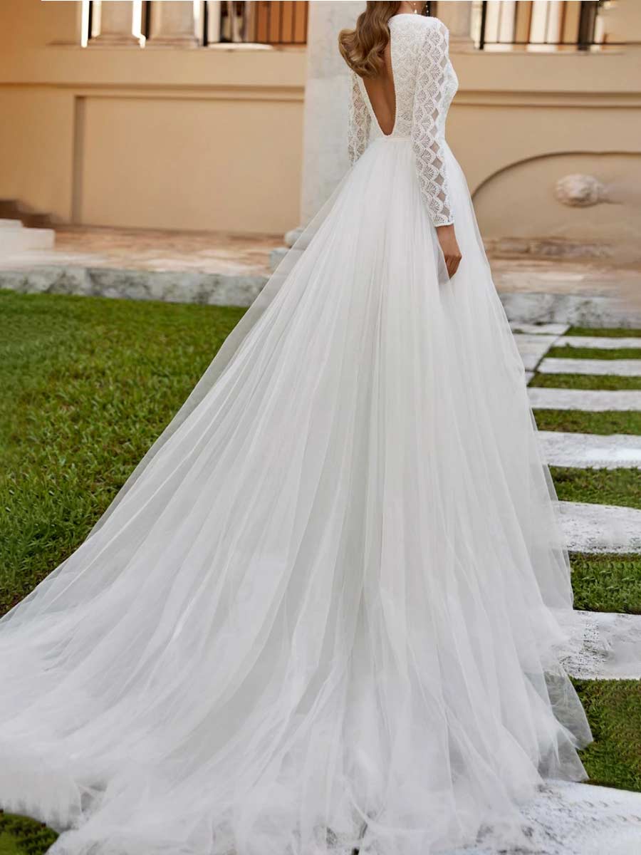 2024 A-Line Winter Wedding Dresses with Lace Long Sleeves White / US:10-12 2024 A-Line Winter Wedding Dresses with Lace Long Sleeves White / US:10-12