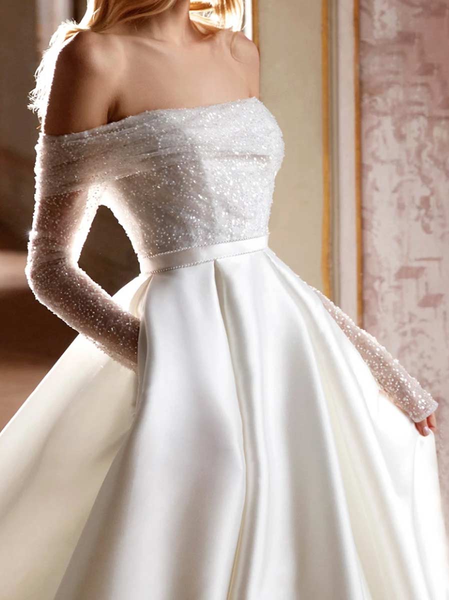 A-line White Glitter Wedding Dress | Sparkle Princess Gowns White / Customized A-line White Glitter Wedding Dress | Sparkle Princess Gowns White / Customized