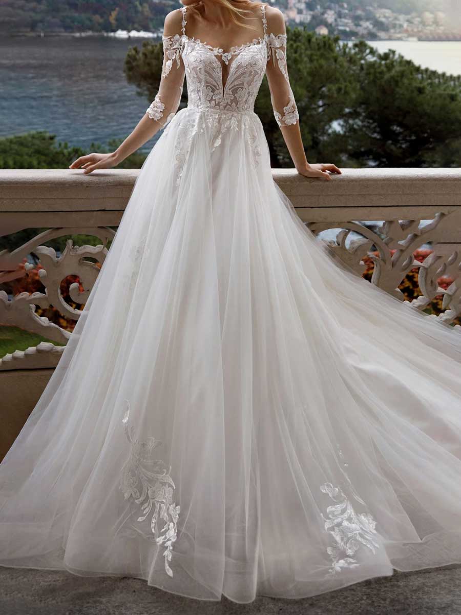 Appliqued V-Neck A-Line Tulle Wedding Dresses
