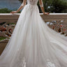 Vintage thin straps embroidery appliqué 3/4 sleeve v-neck A-line tulle wedding dress