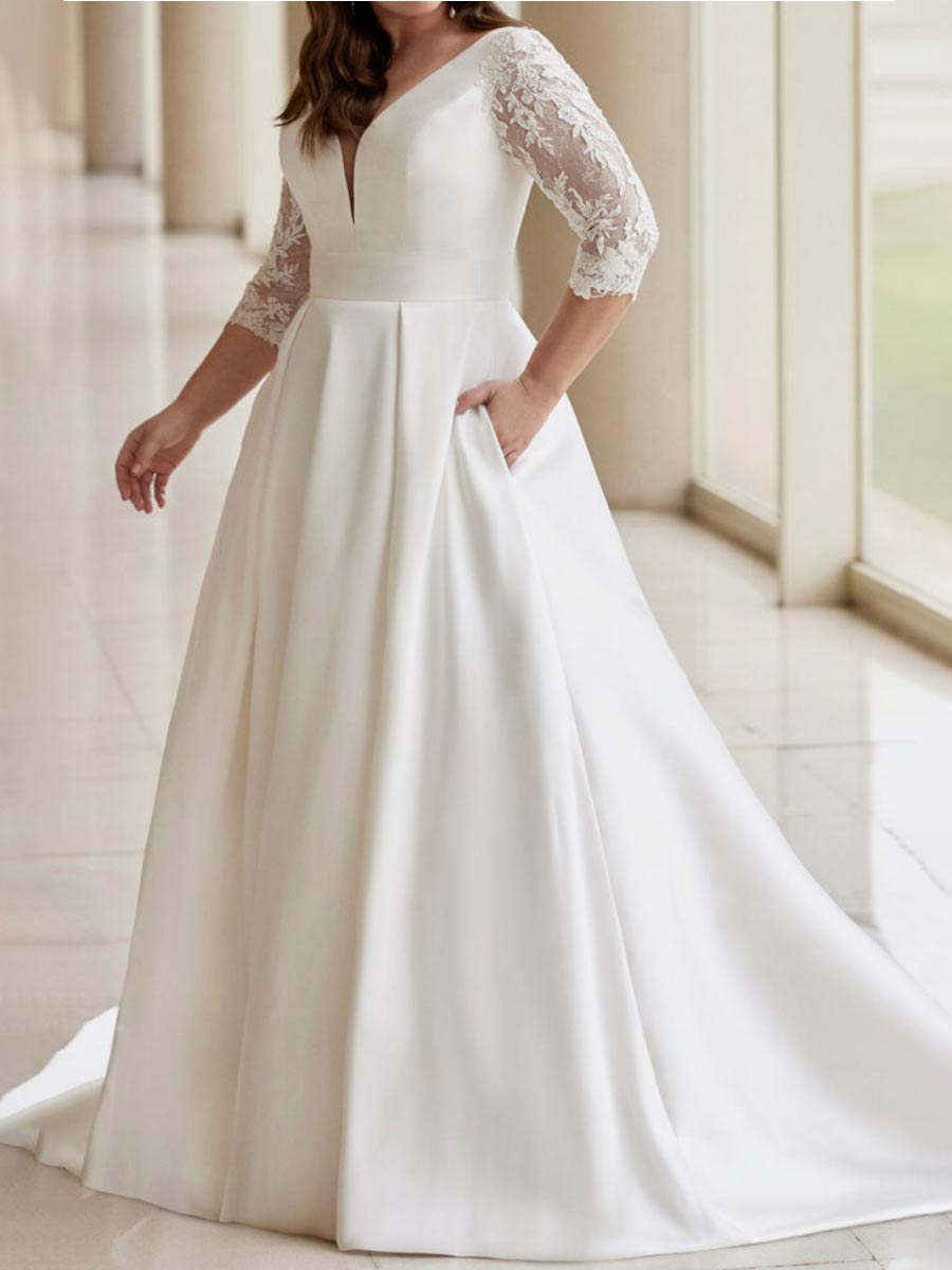 Winter Elegance plus size V-Neck A-Line Satin Wedding Dress with 3/4 Lace Sleeves