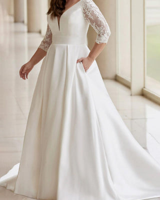 Plus Size V-Neck Satin Wedding Dress