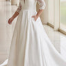 Winter Elegance plus size V-Neck A-Line Satin Wedding Dress with 3/4 Lace Sleeves
